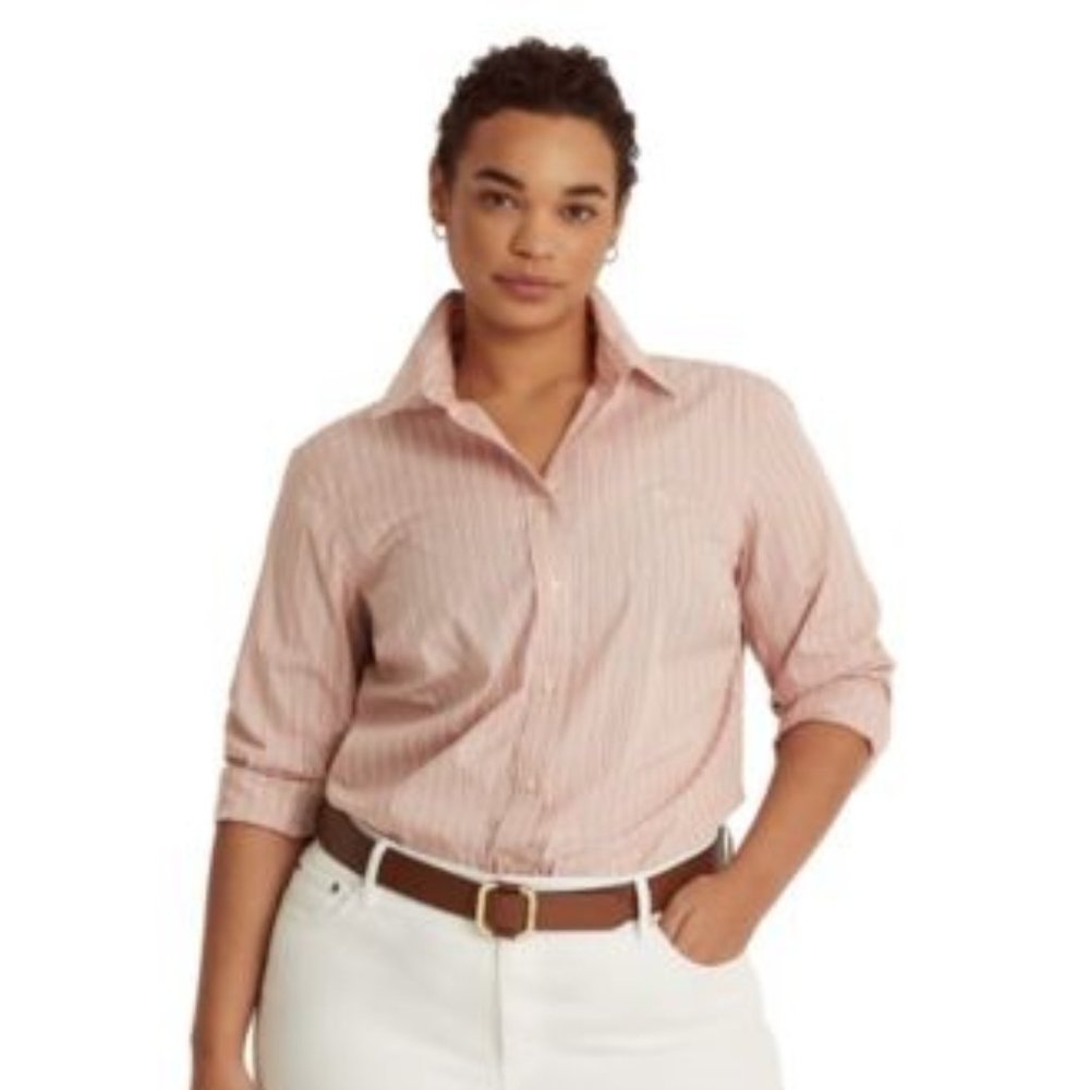 Lauren Ralph Lauren Plus-Size Striped Cotton Broadcloth Shirt NWT